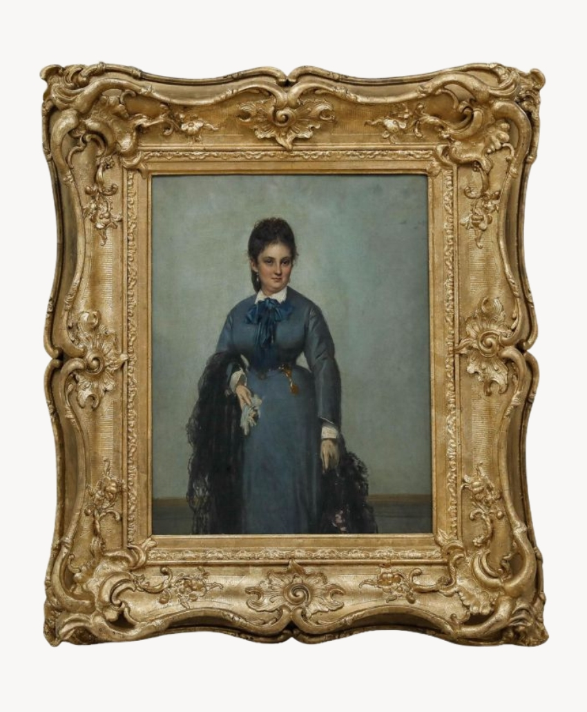 Portrait of a Lady in Blue, UK, Scheme Interior, a late nineteenth-century French School oil painting depicting a woman in blue, from Sulis Fine Art.