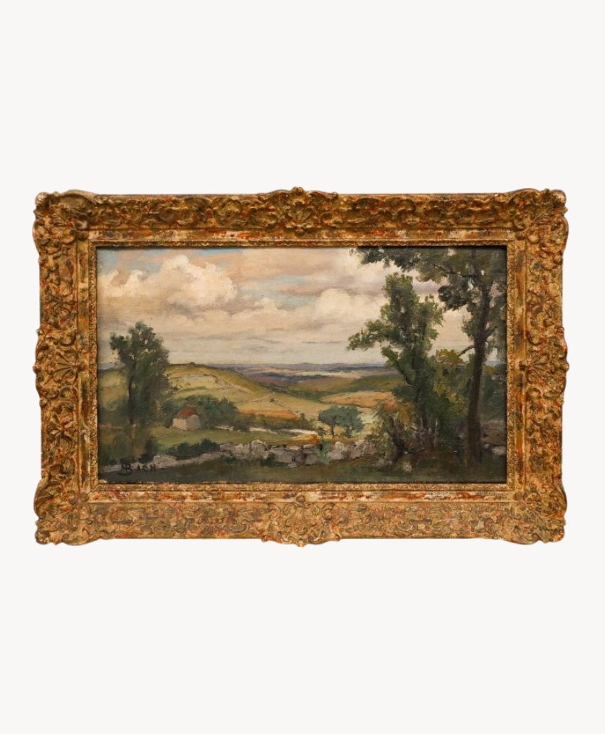 Pierre Bach, Collines Vallonnées, UK, Scheme Interior, a mid-twentieth-century French School oil painting featuring a green and brown landscape, from Sulis Fine Art.