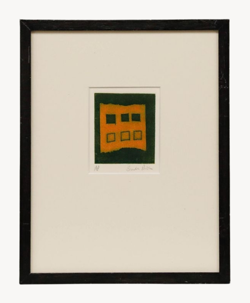 Sandra Porter, 20th Century Aquatint, UK, Scheme Interior, an abstract aquatint print featuring black, orange and cream tones, from Sulis Fine Art.