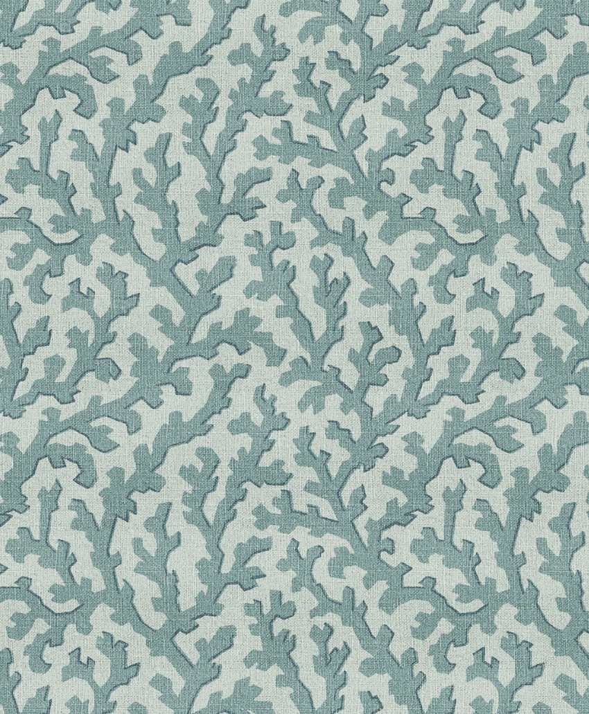 Decorative coral-inspired fabric featuring an organic branching pattern in soft aqua blue and white by Teyssier. Scheme, UK