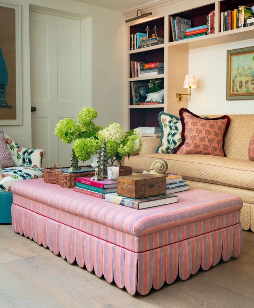 The House Upstairs, The Penny Ottoman By Sean Symington, soft neutral upholstery, a rectangular padded ottoman with a scalloped skirt, Scheme, Interior, UK