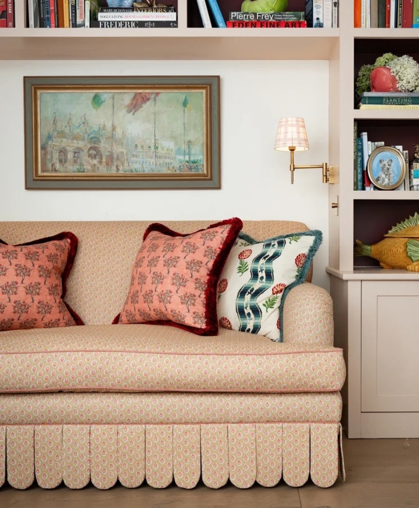 The House Upstairs, The Penny Sofa By Sean Symington, soft neutral upholstery, a curved sofa with a padded back and scalloped skirt, Scheme, Interior, UK