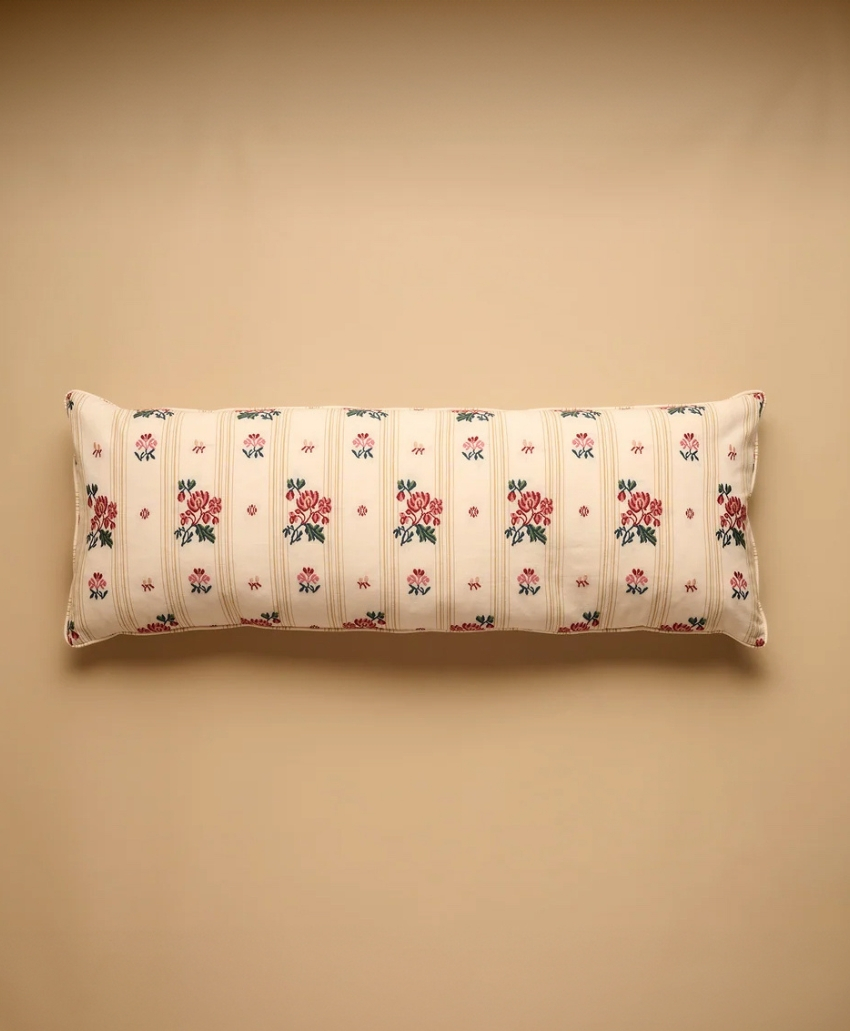 Trove by Studio Duggan Namay Samay Escaut Stripe Lumbar Cushion in Khaki, UK, Scheme Interior, an elongated cushion featuring a striped pattern.