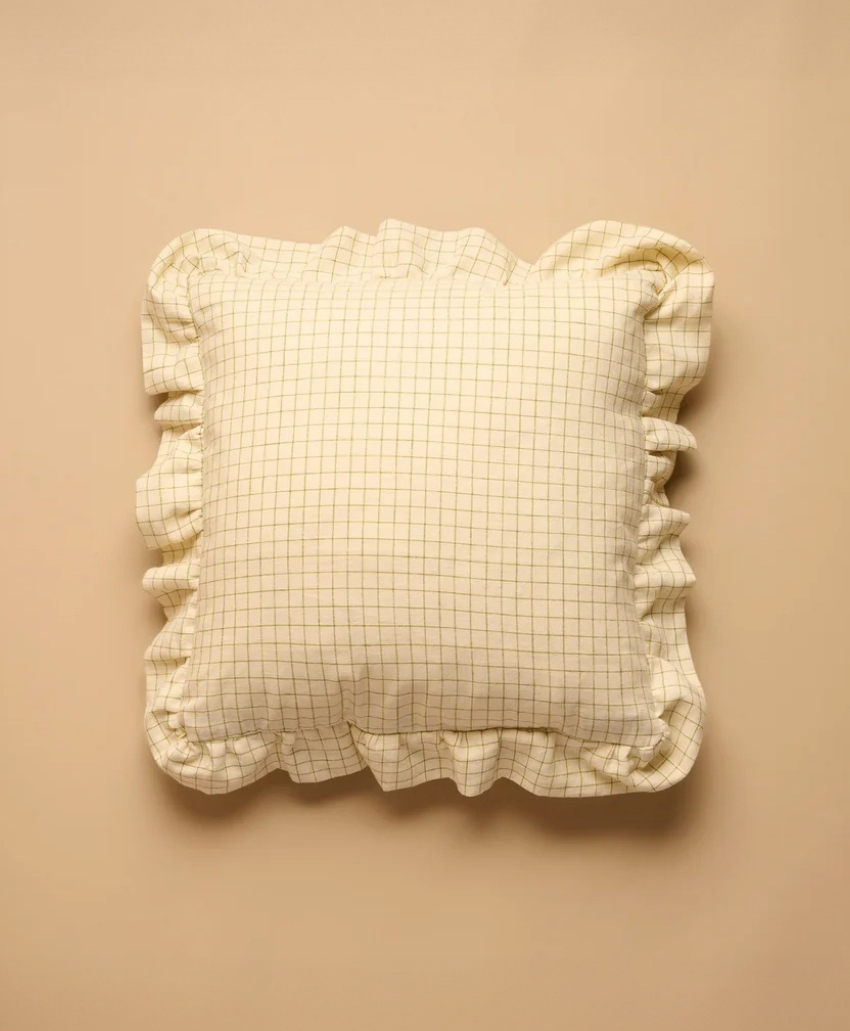 Trove by Studio Duggan Rose Cumming Windowpane Check Ruffle Square Cushion in Green, UK, Scheme Interior, a checked cushion finished with a ruffled border.