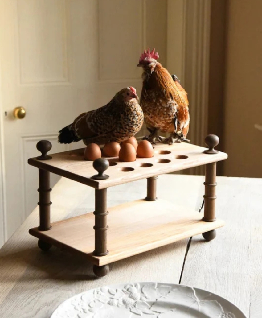 Wondering People Egg Rack in Brown Wood, UK, Scheme Interior, a wooden rack designed to hold eggs.