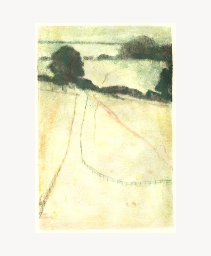 Wondering People, Fields Near Fulking by Greg Becker, muted greens and earthy tones, open fields and rolling countryside beneath a softly coloured sky, Scheme, Interior, UK