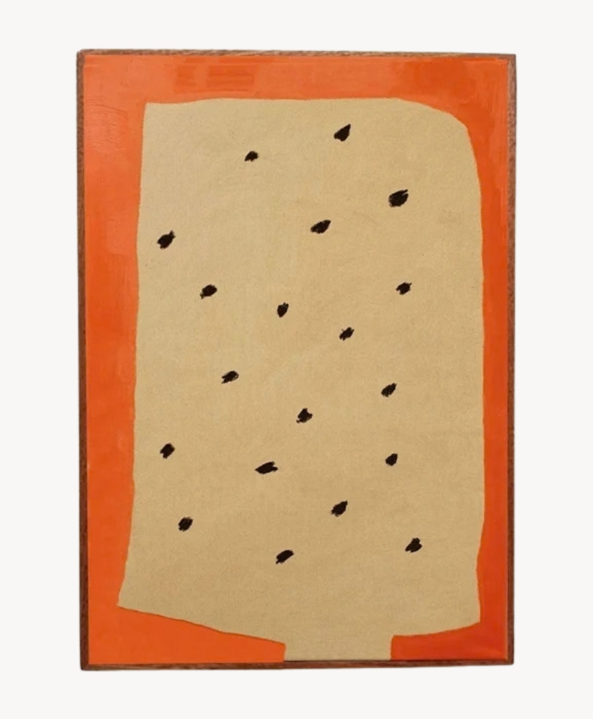 Wondering People, I Will Meet You There/ Flamingo Migration by Yeliza Gevorgyan, orange, beige and black, an abstract composition with orange and beige areas scattered with small black dots, Scheme, Interior, UK