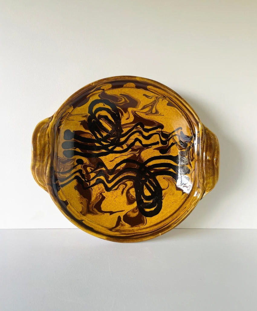 Wondering People, Round Shallow Dish with Handles I by Mike Parry, yellow and brown, a shallow round dish with two small handles and decorative surface detailing, Scheme, Interior, UK