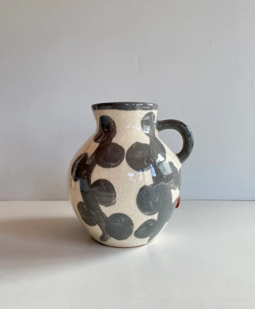 Wondering People Vase with Plant Pattern in Black and Cream, UK, Scheme Interior, a decorative vase featuring a botanical pattern.