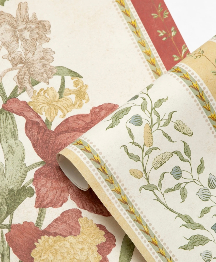 Botanical wallpaper featuring oversized flowers, foliage and delicate trailing leaves in warm natural tones by Zardi & Zardi. Scheme, UK